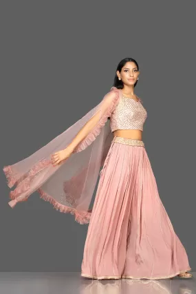 300468 Dusty Pink Embroidered Net Sharara with Crop Top and Cape