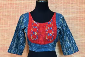 403942 Blue Embroidered Block Print Saree Blouse