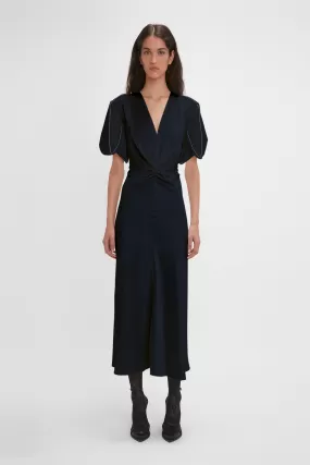 Exclusive Gathered V-Neck Midi Dress In Navy