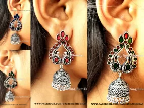 Sale ! German Silver /Designer Oxidised Peacock Enamel Jhumkas